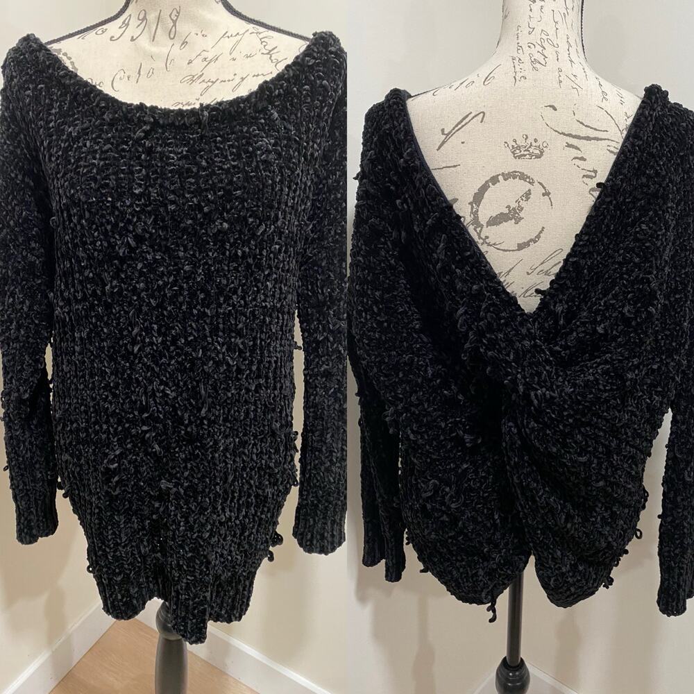 Entro Black Distressed Chenille Low Twist Back Sweater Oversized Small